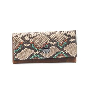 AMERICAN BISON Brown Leather Snake Print Flap Over Wallet